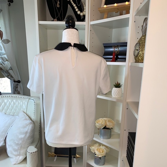 White shortsleeve top w/black collar - Picture 3 of 5